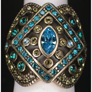 Heidi Daus Brass Ring With Blue & Yellow Crystal Accents Art Deco-Inspired Size